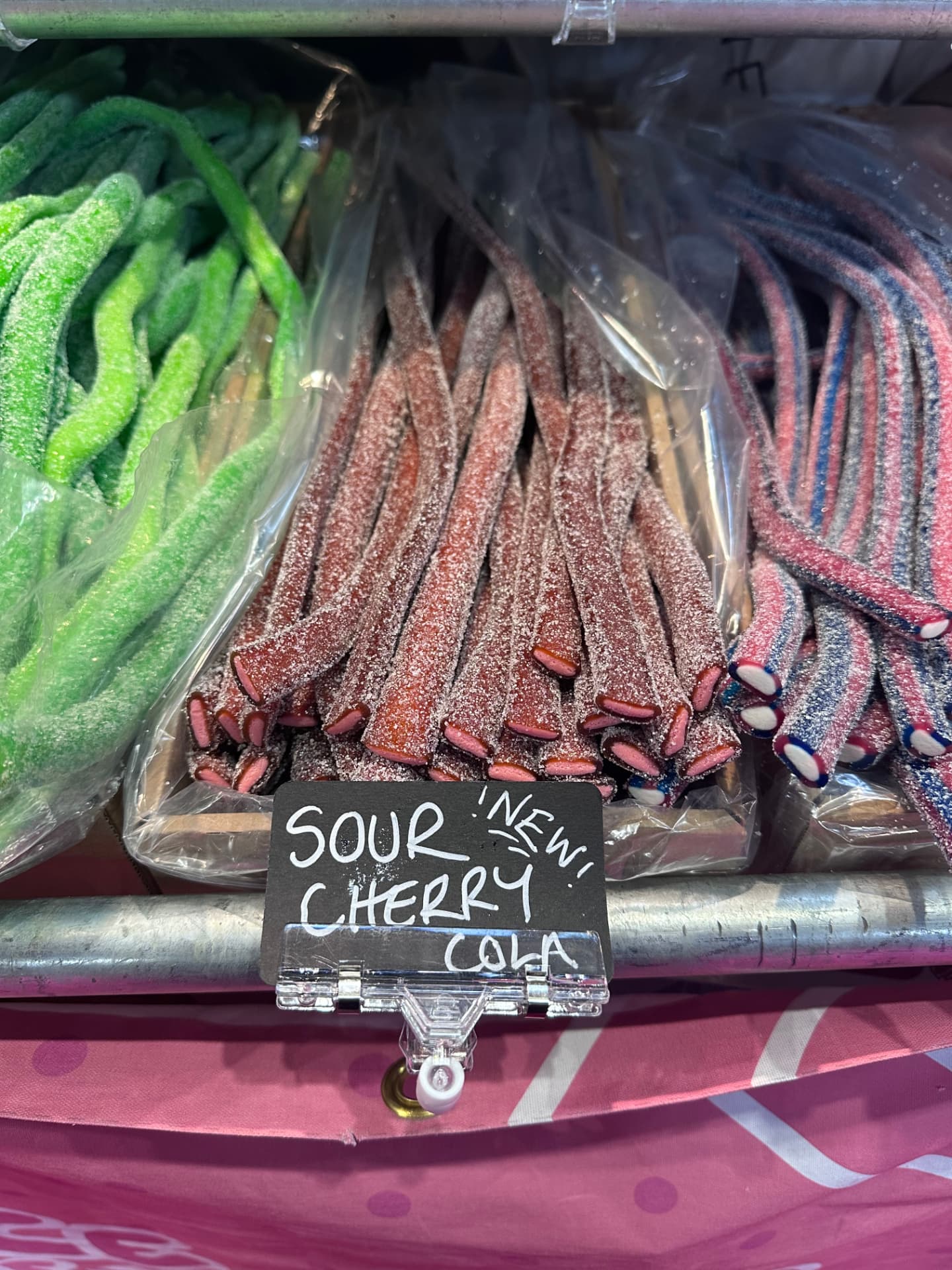 Sour cherry cola liquorice cables on display at our stand.